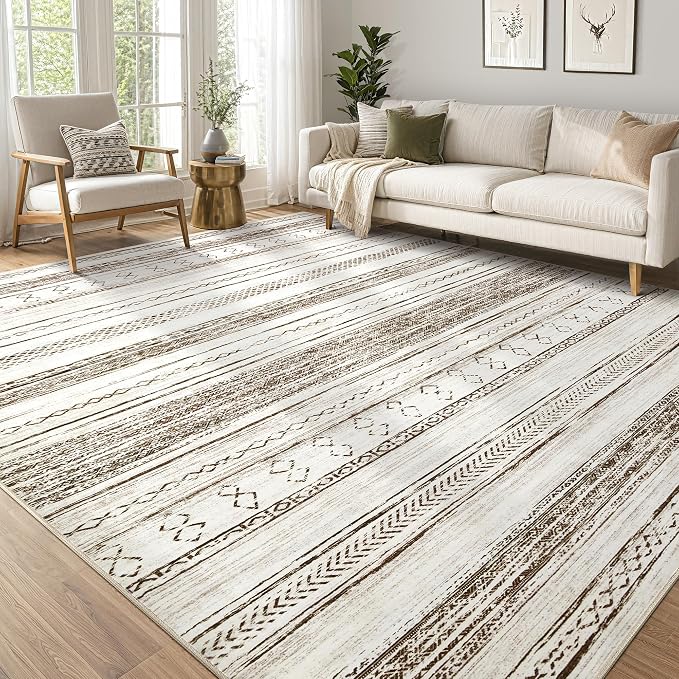 Tortania Area Rug Living Room Rugs - 9x13 Washable Large Soft Neutral Boho Moroccan Bohemian Farmhouse Rug Indoor Floor Carpet for Bedroom Under Dining Table Home Office Decor - Cream Brown