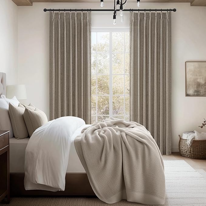 Dark Flax Memory Trained Pinch Pleated 63 Inch Curtains for Dining Room, Thick Linen Semi Sheer Light Filtering Privacy Boho Curtains for Living Room with Back Tab Country Burg 40W * 63L 2 Panels Set
