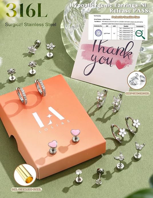 LOLIAS Hypoallergenic Flat Back Earrings for Women Girls-Cute Toddler Kids Teen Girls Earring Set-Surgical Steel Earrings for Sensitive Ears-14K Gold Plated Stainless Steel Flatback Studs Screw Back Small Hoop Cartilage Earring Stacks