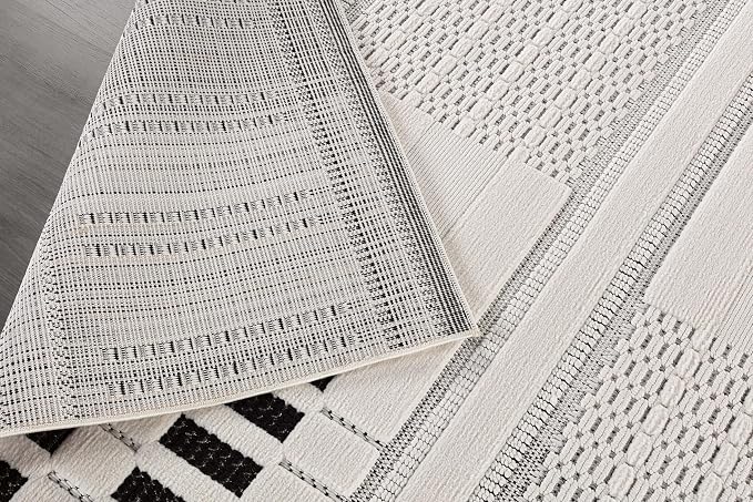 CAMILSON Modern Rug 5x7 Luxury Geometric Pattern Micro Loop Area Rugs Soft High and Low Pile Stain Resistant Easy to Clean Non-Shedding Durable Living Room Kitchen Indoor Carpet (White/Black)