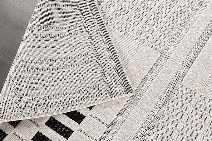 CAMILSON Modern Rug 8x10 Luxury Geometric Pattern Micro Loop Area Rugs Soft High and Low Pile Stain Resistant Easy to Clean Non-Shedding Durable Living Room Bedroom Indoor Carpet (White/Black)