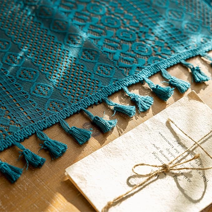 Sutuo Home Teal Boho Curtains 84 inches Long for Bedroom Living Room, Turquoise Lace Sheer Curtains Bohemian Privacy Farmhouse Vintage Crochet Tassels Window Treatments Rod Pocket, 2 Panels 50" W