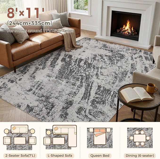 DMOYEST 8x11 Washable Area Rug: Abstract Modern Non-Slip Carpet, Soft Low Pile Indoor Neutral Easy Clean Floor Rugs for Living Room Bedroom Dining Room Kids & Pets - Black
