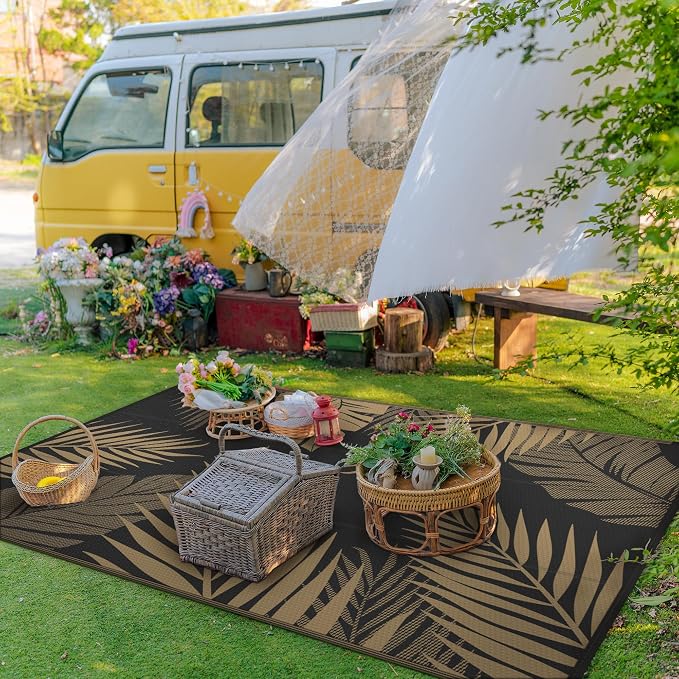 GENIMO Outdoor Rug, Waterproof Plastic Rugs for Patio, 4'x6' Black Brown | Outside Larger Leaf Carpet Mat for Porch Decor, Deck, Balcony, Camping, RV, Backyard, Picnic, Beach, Reversible, Foldable