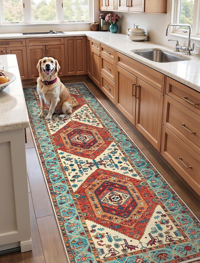 SERISSA Runner Rug for Hallways, 3x10 Washable Non Slip Kitchen Runner Rug, Long Boho Rug Vintage Orange Hallway Stair Ultra Soft Print Floor Carpet for Bedroom Bathroom Laundry Room