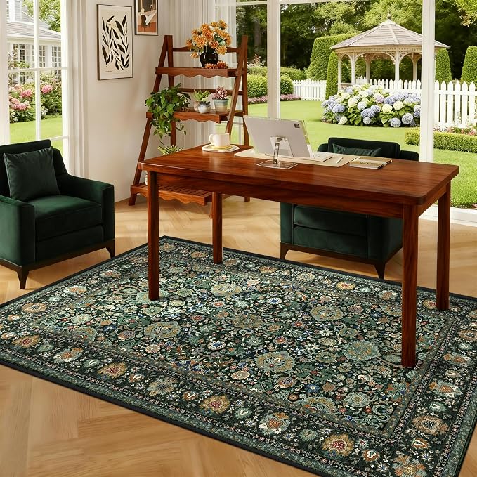 Dark Green Rug 3x5 Area Rug with Non-Slip Backing, Washable Rugs for Bedroom Living Room Kitchen, Distressed Carpet Printed Low-Pile Soft Dorm Rug Room Decor