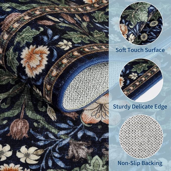 GarveeHome Washable Runner Rug 2x6, Non Slip Floral Kitchen Runner for Hallway Entryway Forest Green Laundry Bathroom Mat Farmhouse Thin Stain Resistant Carpet for Bedroom Beside Rug