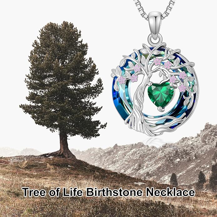 Tree of Life Birthstone Necklace 925 Sterling Silver Crystal Tree of Life Pendant Birthstone Jewelry Birthday Christmas Gifts for Women Mom Her Wife