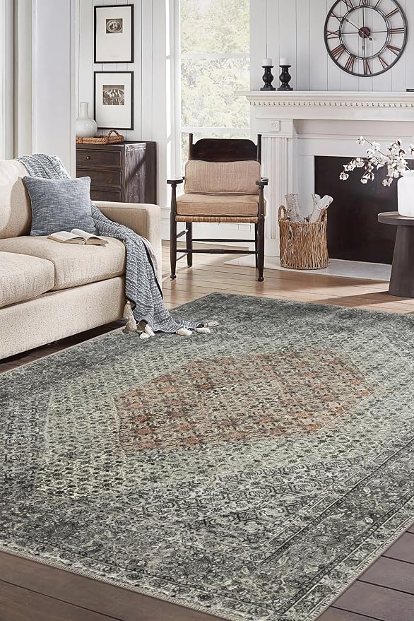Keen Home Design 9x12 Rug - Machine Washable Area Rug with Non-Slip Backing, Ideal for Living Room, Dining Room, Bedroom - Vintage, Easy Clean, Durable, Low Pile - (9' x 12')