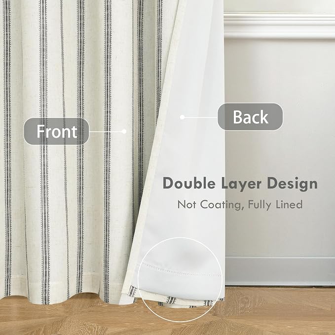 DriftAway Farmhouse Linen Stripe Blackout Curtains, W52xL84, Black | Blackout, Linen Texture, Stripe Pattern, Rod Pocket & Back Tab, Two Layers, Bedroom Living Room Use, Sound Reducing Design