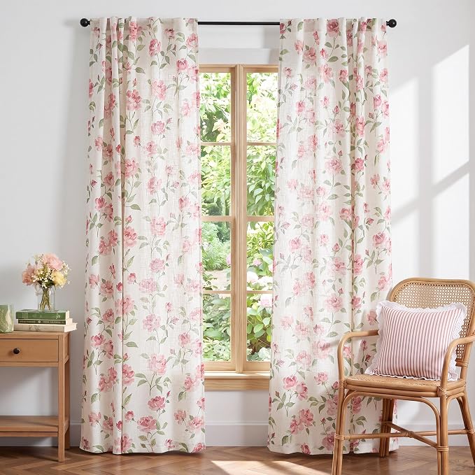 jinchan Pink Floral Linen Curtains 84 Inch Cottagecore Back Tab 2 Panels | Light filtering drapes, semi sheer, farmhouse, watercolor, romantic, living room, bedroom, rod pocket, window treatment