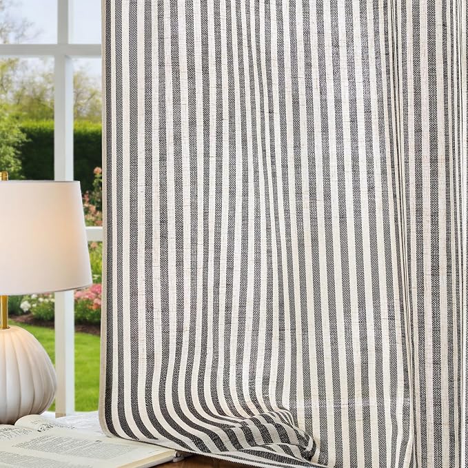 Vangao Linen Stripe Black Curtains Tickingstripe Light Filtering Window Curtains Pinstripe Printed on Beige Drapes 84 Inches Long for Living Room Bedroom Dorm 2 Panels