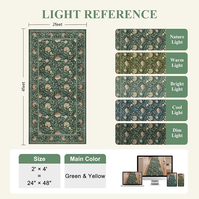 DUKINO 2x4 Rug, Washable Vintage Floral Entryway Rug Non Slip, Green | Low Pile, Non-Shedding, Stain Resistant Boho Lightweight Soft Indoor Carpet for Kitchen Bathroom Hallway Laundry Farmhouse
