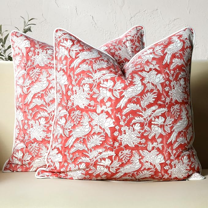 CPC 100% Cotton Throw Pillow Covers 18x18 Inch, Set of 2 Pink Block Print Pattern Couch Pillow, Cute Boho Decorative Pillows for Living Room, Bedroom with Hidden Zipper- Pink Coral