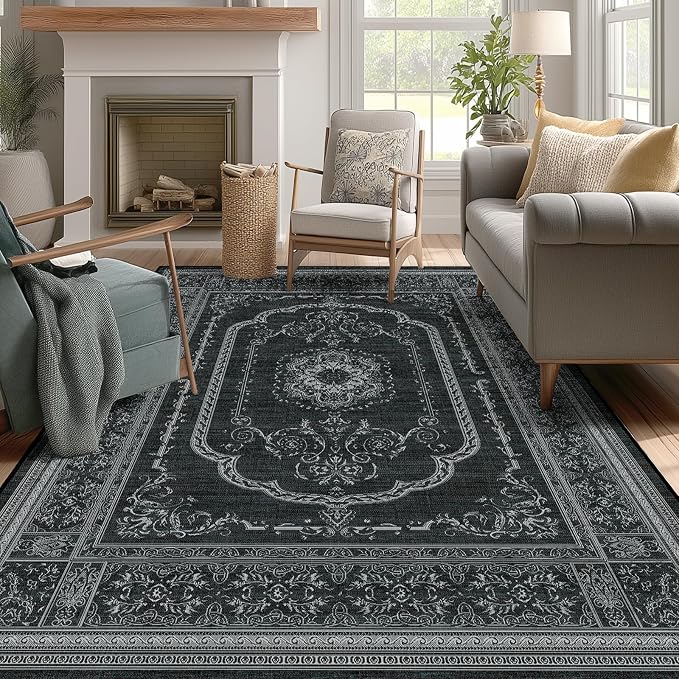 8x10 Large Area Rugs for Living Room, Black Low Pile Machine Washable Rug for Bedroom, Non-Slip Floral Print Durable Vintage Carpet for Dinning Room, Kitchen, Outdoor