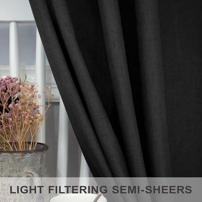 Black Linen Curtains 84 Inch Length for Living Room 2 Panel Back Tab Pocket Muslin Light Filtering Semi Privacy Thick Sheer Floor Length Curtain for Mens Bedroom Man Cave Modern Farmhouse Gothic Decor