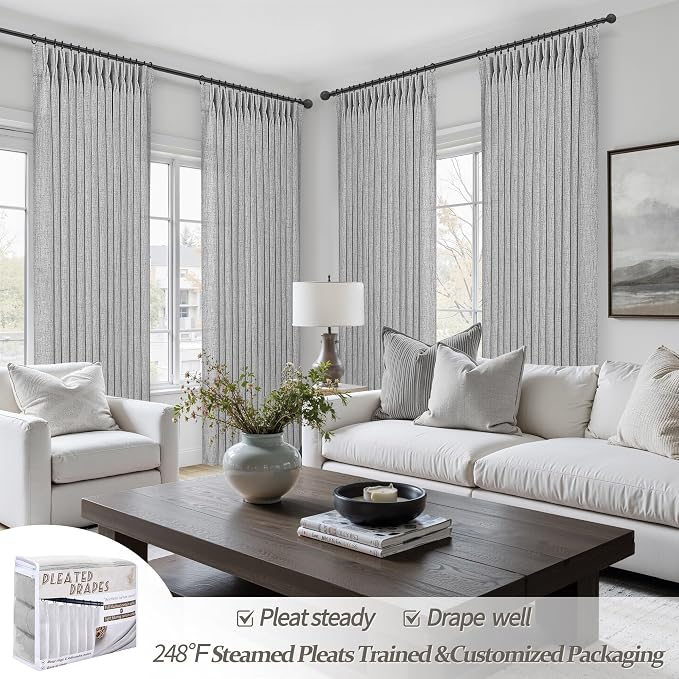 Pinch Pleat Extra Wide 70 Inch Curtains 96 Inches Long 2 Panels Set for Dining Room, Light Grey Memory Shape Natural Linen Light Filtering Windows Drapes Privacy Semi Sheer Country Curtain 8FT Length