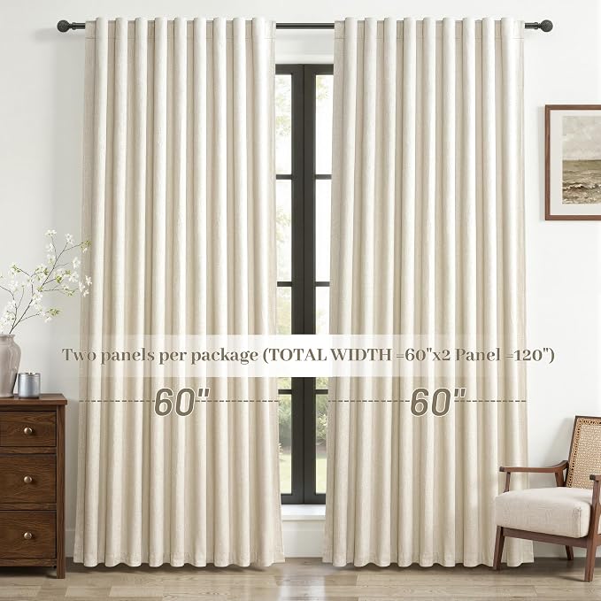 Cute Blackout Curtains 60 Inches Extra Wide Linen 92 Inch Length for Living Room/Sliding Glass Door,Pleated Heavy Duty Thermal Drapes for Winter Thick Large Window(60"Wx92"L 2 Panels Warm Cream)