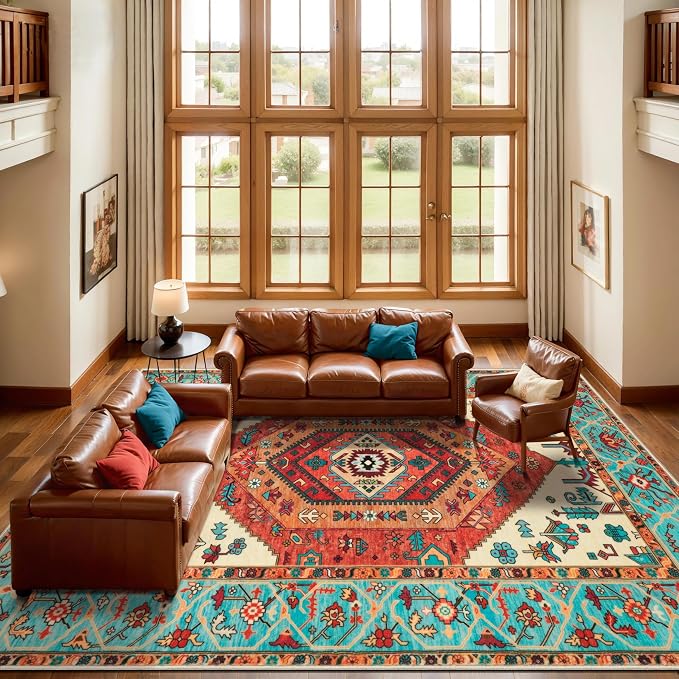 SERISSA 10x14 Area Rugs for Living Room, Large Washable Non-Slip Boho Rug, Ultra Soft Vintage Oriental Orange Print Distressed Carpet for Dining Room Bedroom Office Home Decor