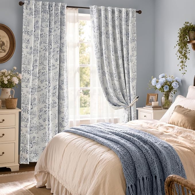 jinchan Blue Blackout Curtains 84 Inch Whimsical Back Tab 2 Panels | Room darkening,nursery kids bedroom,privacy,whimsical,cottagecore,bunny pattern,botanical,nature-inspired decor