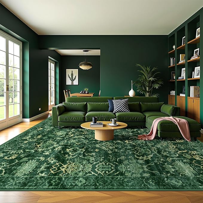 Deerly Dark Green Area Rugs 10x12 for Living Room Soft Non-Slip, Large Bedroom Rug Vintage Dining Room Rug Tribal Farmhouse Carpet for Dining Room Office Green