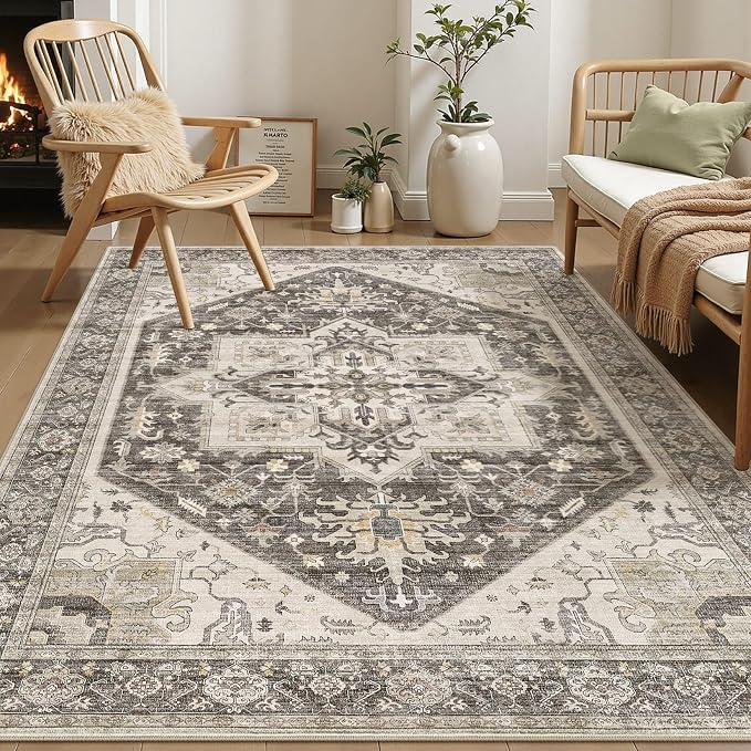 6x9 Area Rugs for Living Room - Large Carpet Ultra Thin Soft Washable Oriental Vintage Floral Distressed Big Indoor Carpets for Bedroom Nursery Dorm Home Decor Aesthetic - Dark Brown