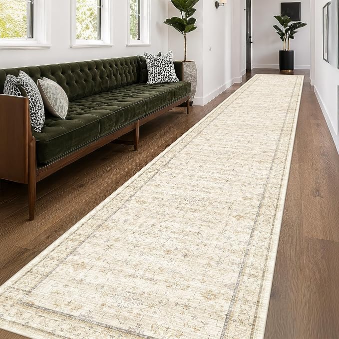 Sand Beige Washable 3x20 Extra Long Hallway Runner Rug, Vintage Farmhouse Rugs for Kitchen, Geometric Floral Entryway Floor Mats, Non Skid with Rubber Backing, Low Pile & Soft Carpet