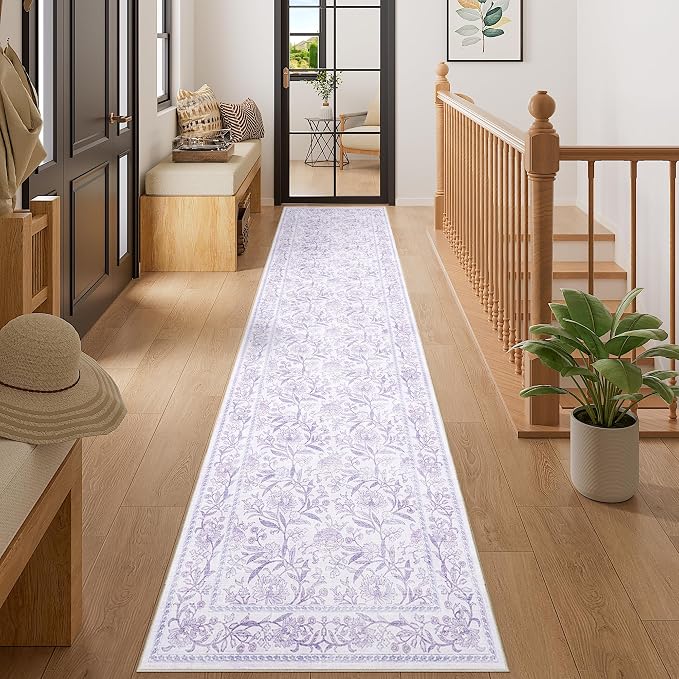 DUKINO 2x10 Runner Rug for Hallway, Washable Vintage Floral Rug, Purple | Non Slip, Low Pile, Non-Shedding, Stain Resistant Soft Long Runner Carpet for Kitchen Bathroom Entryway Bedroom Farmhouse