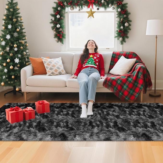 2x8 ft Plush High Pile Black Tie-Dyed Rug Fluffy Soft Runner Bedside Rug for Bedroom Living Room Hallway Nursery Kids Home Decor Shag Carpet