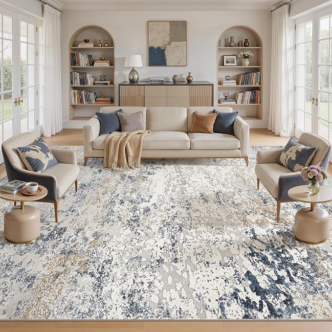 DMOYEST Area Rug Living Room Rugs - 12x18 Washable Extra Large Soft Indoor Neutral Modern Abstract Low Pile Rug Carpet for Bedroom Dining Room Farmhouse Home Office - Beige Blue