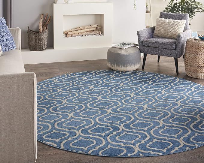 Nourison Home Jubilant Trellis Blue 8' x Round Area -Rug, Easy -Cleaning, Non Shedding, Bed Room, Living Room, Dining Room, Kitchen (8 Round)