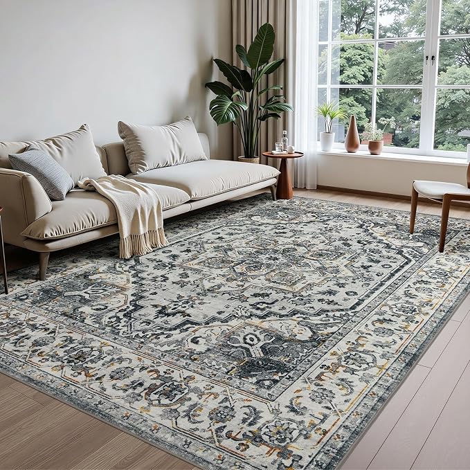 Joydeco 5x7 Area Rugs for Living Room, Non Slip Machine Washable Vintage Rug, Low Pile Thin Chenille Print Rugs for Bedroom, Dining Room, Pet & Child Friendly, Home Office, White&Light Gray&Dark Gray