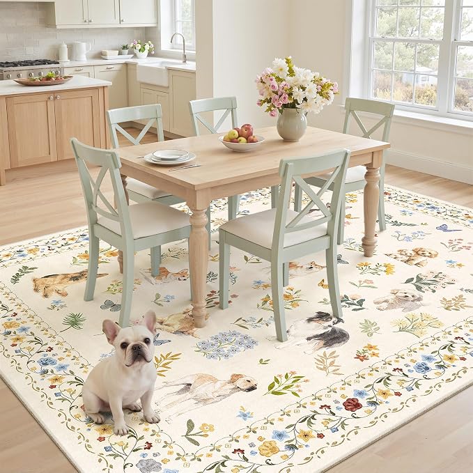 Soalmost Dog 6x9 Area Rugs for Living Room, Washable Animal Soft Rug Beige | Floral Vintage Non-Slip Low Pile Cute Throw Rugs for Kitchen Dining Room Bedroom Nursery Playroom 6' x 9'