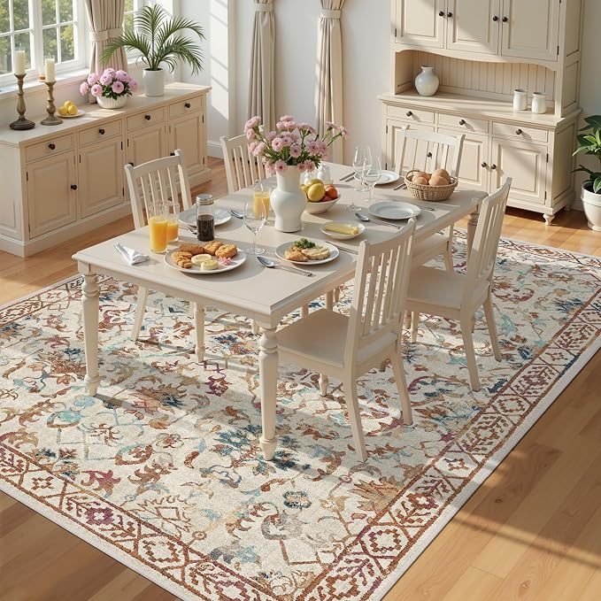 Beige Colorful Vintage Area Rug 5x7 for Living Room Bedroom, Washable Farmhouse Soft Thin Non-Shedding Indoor Throw Rug, Traditional Accent Carpet for Bedroom Office