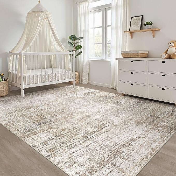 7x9 Area Rug Living Room: Washable Large Neutral Rug Abstract Soft Modern Stain Resistant Indoor Floor Non-Slip Carpet for Bedroom Nursery Kids Office Playroom Dining Room Under Table- Dark Brown