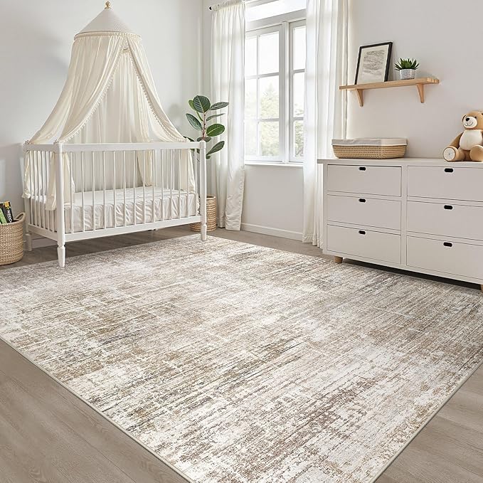 9x12 Area Rug Living Room: Washable Large Neutral Rug Abstract Soft Modern Stain Resistant Indoor Floor Non-Slip Carpet for Bedroom Nursery Kids Office Playroom Dining Room Under Table- Dark Brown