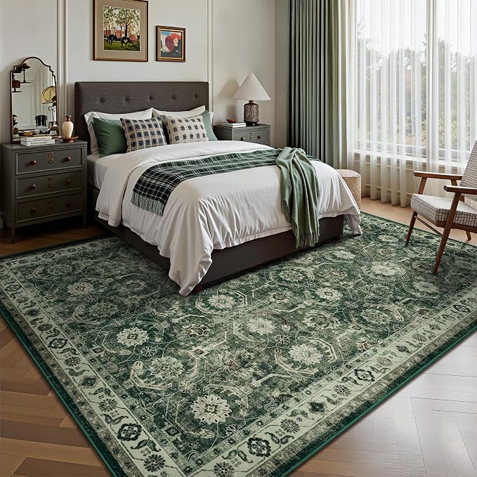 Living Room Rug 6x9, Soft Non Slip Low Pile Washable Rug, Boho Modern Area Rug for Bedroom, Dining Room, Sage Green