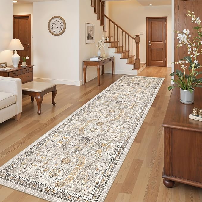 2'6" x 10'Non Slip Runner Rugs - Runners for hallways, Kitchen,Entryway,Stain Resistant Washable Rugs for Bedroom, Indoor Vintage Area Rugs (Brown/Gold,2'6" x 10')