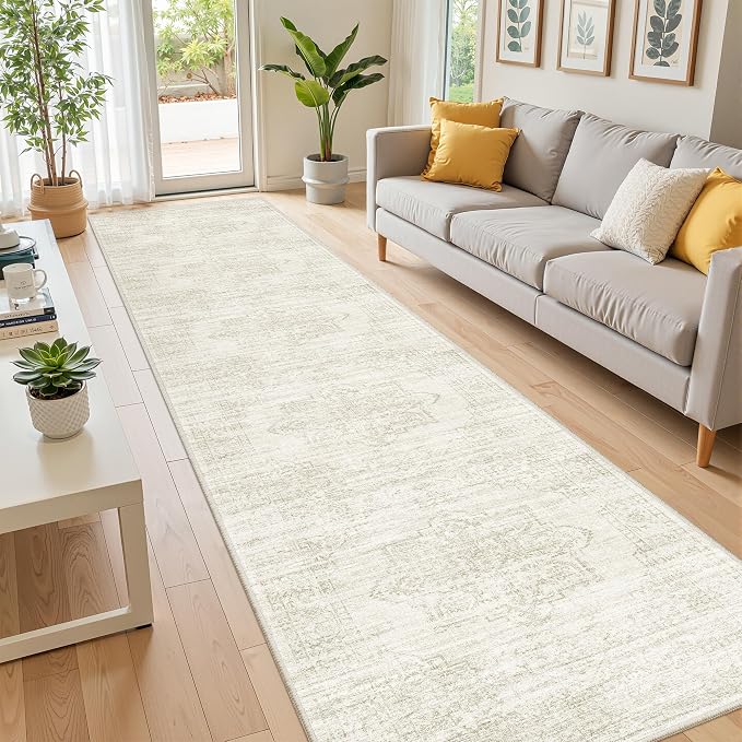 2x10 Runner Rug Non Slip,Washable Hallway Runner Rug,Beige | Long Neutral Rugs for Kitchen,Entryway,Bedroom,Bathroom,Laundry Room,Thin,Soft Runner Rug,Stain Resistant Indoor Carpet