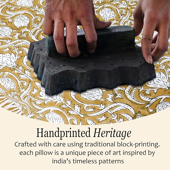 CPC Block Print Ruffle Throw Cover Mustard Regal 20"x20" Inch Pack of 2-100% Cotton Ruffle Couch Decorative Boho Pillows Case for Living Room, Bedroom, Sofa, Farmhouse Gift for Spring, Mother's Day
