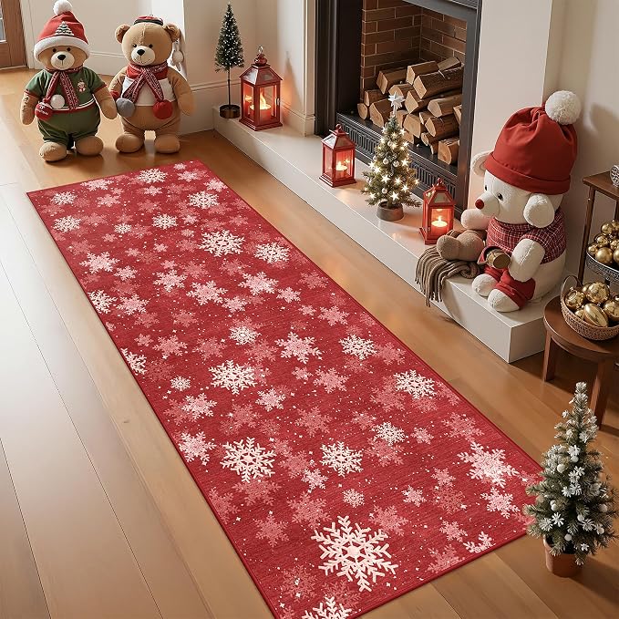 2x5 Christmas Runner Rug for Kitchen, Snowflake Rugs for Bathroom, Washable Hallway Runner with Non-Slip Backing, Soft Red and White Christmas Decor Indoor(2'x5', Red/White)