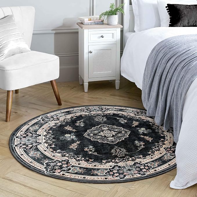 MUJOO Black Round Rug 4ft Small Circle Washable Area Rug Non Slip Floral | Circular Rugs for Bedroom Living Room Entryway Bathroom Bedroom Boho Throw Carpet Soft Low Pile Indoor Vintage Flowers