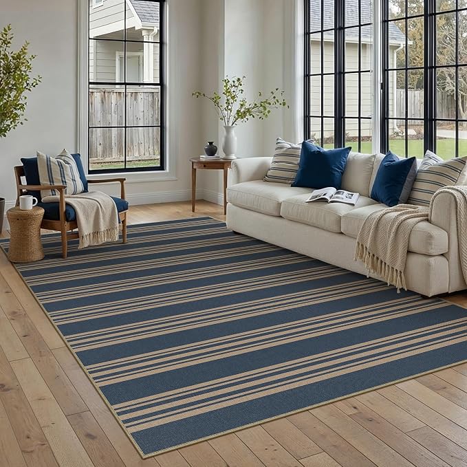 PureCozy Outdoor Rug 6x9 Washable Striped Jute Look Non Slip Carpet | Blue Stripe Farmhouse Style, Indoor Outdoor Area Rugs for Patio, Living Room, Dining Room, Non Shedding, Neutral Rug