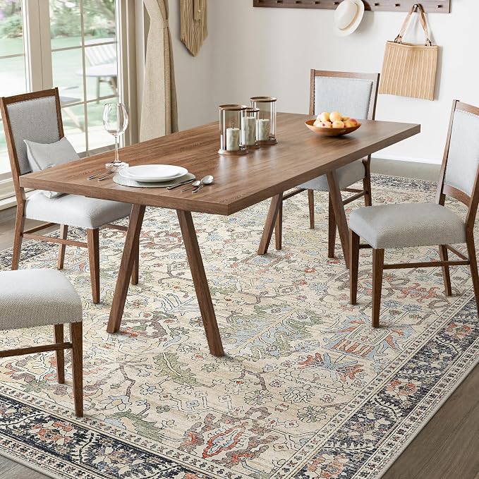 Bavni Area Rugs 9x12 Living Room Clearance Washable Large Carpet for Bedroom Non-Slip, Ultra Thin Low Pile Modern Printed Decorative Rug for Dinning Room Office, Ivory/Teal