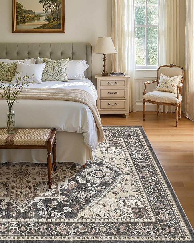 10x14 Vintage Area Rug: Washable Neutral Soft Non Slip Thin Large Floor Carpet for Living Room Bedroom Kitchen Dining Room Home Office Farmhouse Indoor - Black