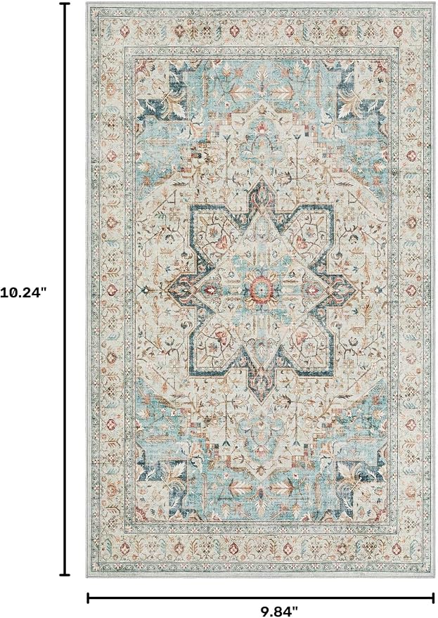 Tortania Area Rug Living Room Rugs - 3x5 Washable Rug Vintage Oriental Distressed Farmhouse Small Thin Indoor Carpet for Living Room Bedroom Under Dining Table Home Office - Aqua Multi