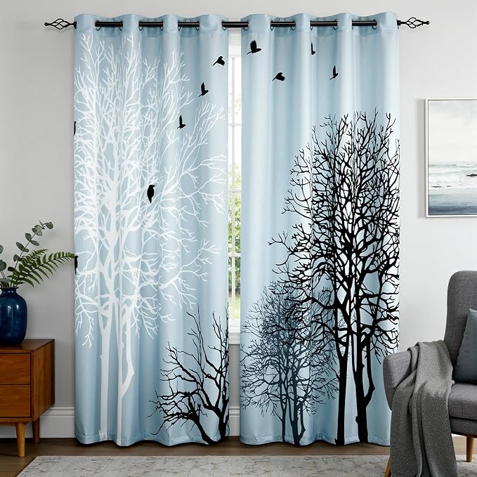 SUBRTEX Boho Leaf Printed Curtains 95 inch Long 2 Panels, Room Darkening Vibrant Floral Drapes, 50% Blackout Light Flitering Semi Sheer Farmhouse Curtains for Living Room, 52Wx95L, Light Blue Leaf