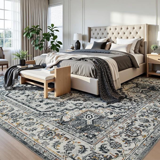 Joydeco 8x10 Area Rugs for Living Room, Non Slip Machine Washable Vintage Rug, Low Pile Thin Chenille Print Rugs for Bedroom, Dining Room, Pet & Child Friendly, Home Office, White&Light Gray&Dark Gray