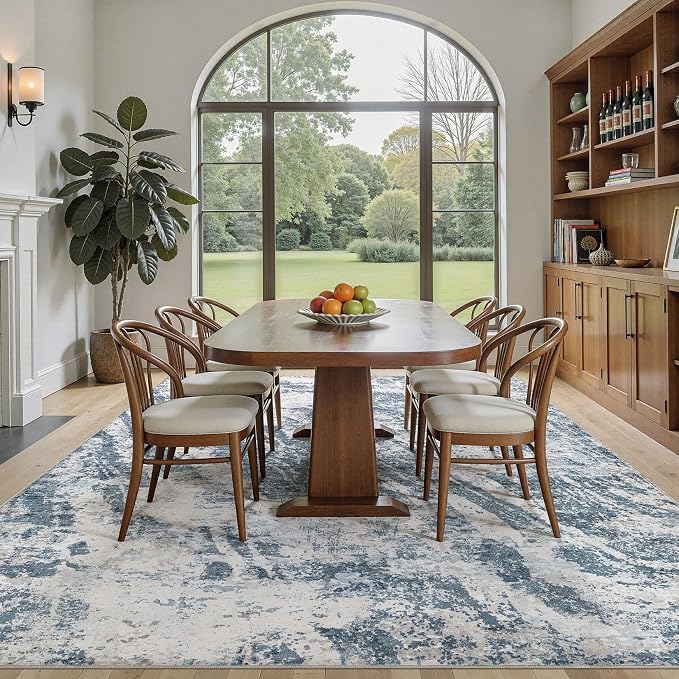 DMOYEST 10x14 Washable Area Rug: Abstract Modern Non-Slip Carpet, Soft Low Pile Indoor Neutral Easy Clean Floor Rugs for Living Room Bedroom Dining Room Kids & Pets - Blue