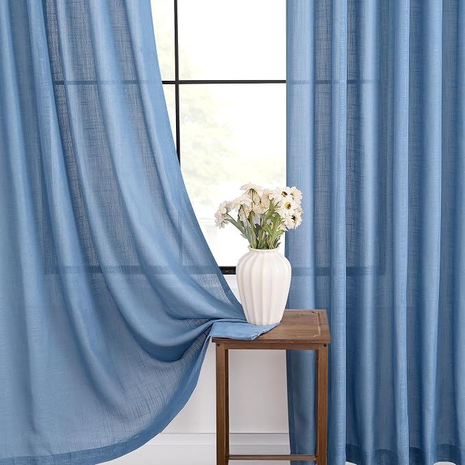 Denim Blue Curtains for Living Room Back Tab Modern Farmhouse Semi Sheer Blue Curtains 45 inches Long 2 Panels Set Muted Neutral Window Curtain for Dining Room Bedroom 52x45